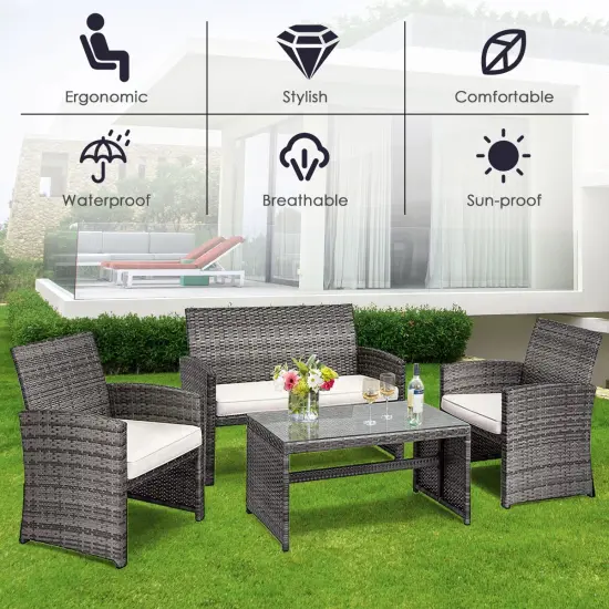 Costway 4PCS Patio Rattan Furniture Set Conversation Glass Table Top Cushioned Sofa, White {5}