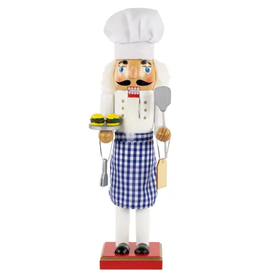 Nutcracker Factory 14" White and Blue Chef with Gingham Apron Wooden Christmas Nutcracker {1}