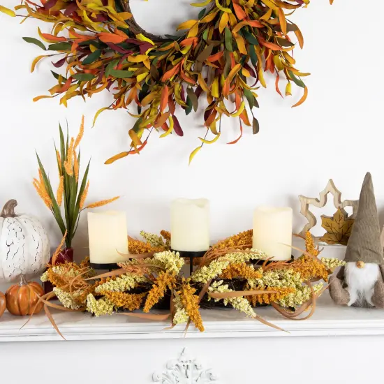 Northlight Autumn Harvest Triple Candle Holder with Artificial Fall Foliage - 22" Orange {4}