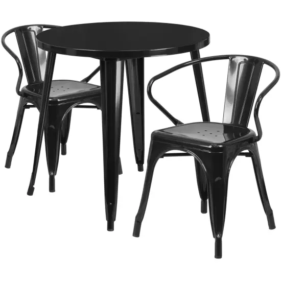 Emma and Oliver Commercial Grade 30" Round Metal Indoor-Outdoor Table Set with 2 Arm Chairs Black {1}