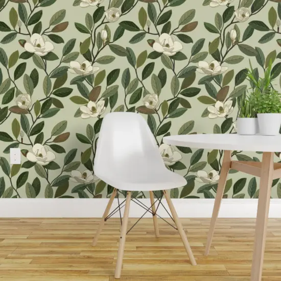 Peel & Stick Wallpaper 2FT Wide Magnolia Blooms Green White Flowers Botanical Floral Custom Removable Wallpaper by Spoonflower {1}