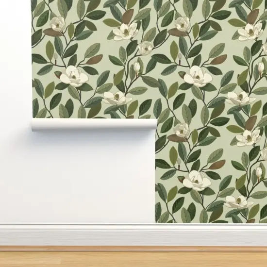 Peel & Stick Wallpaper 2FT Wide Magnolia Blooms Green White Flowers Botanical Floral Custom Removable Wallpaper by Spoonflower {2}
