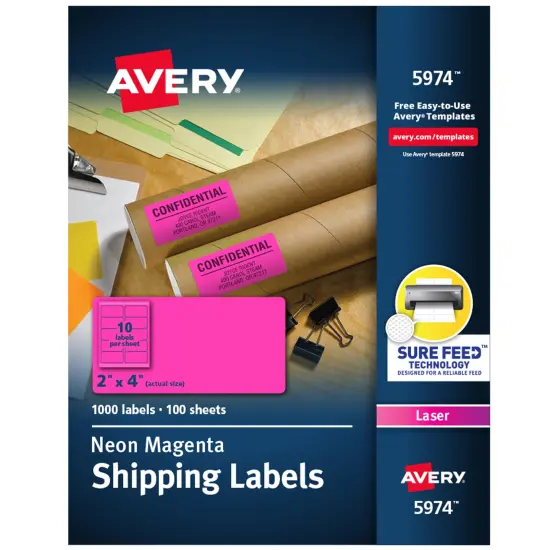 Avery 2"x 4" Neon Shipping Labels with Sure Feed, neon Pink labels for Laser Printers, 1,000 Neon Labels (5974) {1}