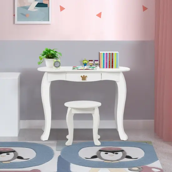 Kids Makeup Dressing Table with Tri-folding Mirror and Stool White {6}