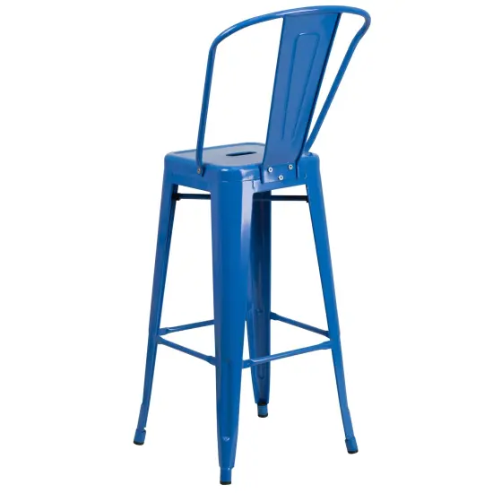 Emma and Oliver Commercial Grade 4 Pack 30" High Metal Indoor-Outdoor Barstool with Back Blue {3}