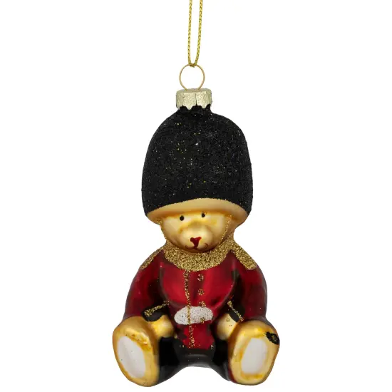 Northlight Glittered Teddy Bear Soldier Glass Christmas Hanging Ornament - 4" - Red and Black {1}