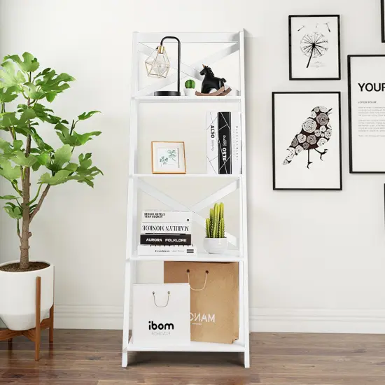 Costway 4-Tier Ladder Shelf Bookshelf Bookcase Storage Display Plant Leaning Shelf White {4}