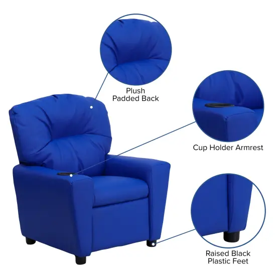 Emma and Oliver Contemporary Kids Recliner with Cup Holder Blue Vinyl {2}