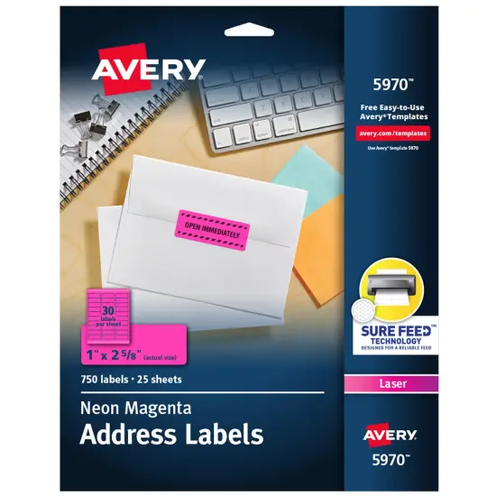 Avery Neon Address Labels with Sure Feed for Laser Printers, 1" x 2 5/8", 750 Pink Labels (5970) {1}