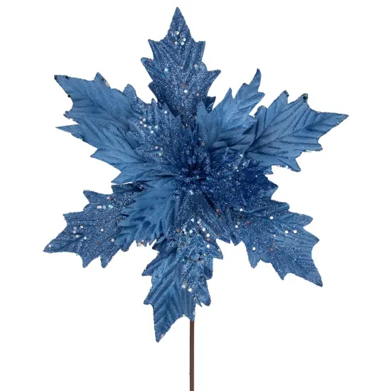 Northlight 24" Glittered Blue Poinsettia Christmas Stem Spray {4}