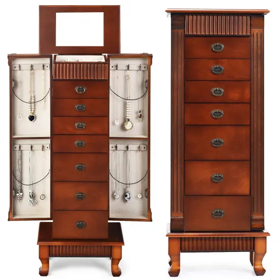 Wooden Jewelry Armoire Cabinet Storage Chest with Drawers and Swing Doors {1}