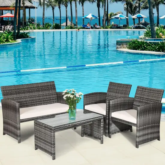 Costway 8PC Patio Rattan Furniture Set Glass Table Top Cushioned Sofa Turquoise\Red {4}