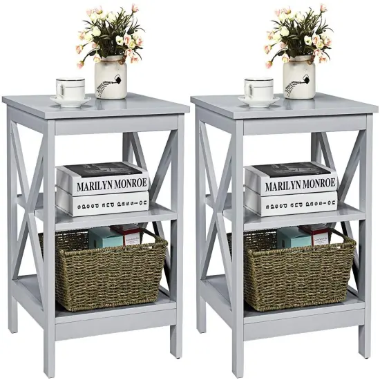 Nightstand 3-Tier X-Design with Storage Shelves Grey {1}