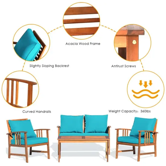 4 Pieces Wooden Patio Furniture Set Table Sofa Chair Cushioned Garden Turquoise {5}