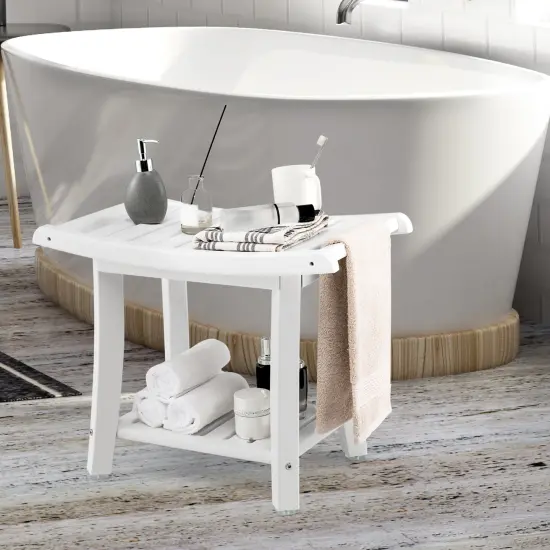 Waterproof Bath Stool with Curved Seat and Storage Shelf White {3}