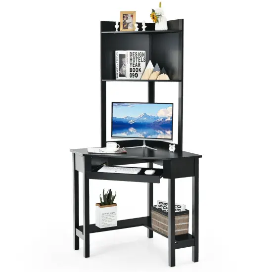 Costway Corner Computer Desk Triangle Study Desk w/ Hutch & Keyboard Tray {7}