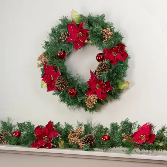 Northlight Pine, Pinecone and Poinsettias Artificial Christmas Wreath - 24" - Unlit Green {3}