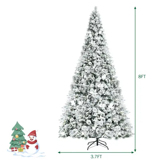 Costway 8ft Snow Flocked Hinged Christmas Tree w/ Berries & Poinsettia Flowers {5}