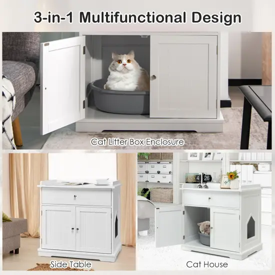 Wooden Cat Litter Box Enclosure with Drawer Side Table Furniture White {2}