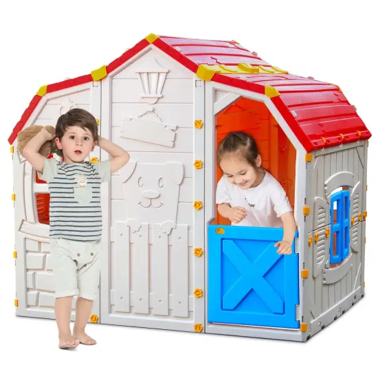 Costway Kids Playhouse Realistic Cottage Playhouse with Openable Windows & Working Door {1}