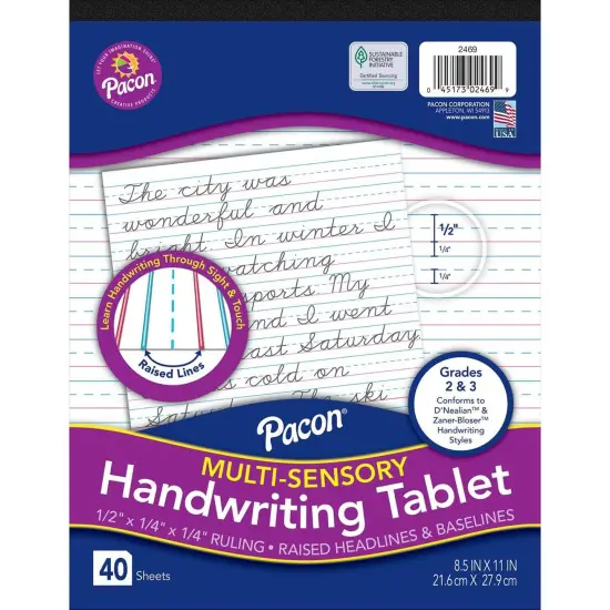 Multi-Sensory Raised Ruled Tablet, Tape-Bound Tablet, 1/2" x 1/4" x 1/4" Ruled Short, 8-1/2" x 11", 40 Sheets, Pack of 3 {2}