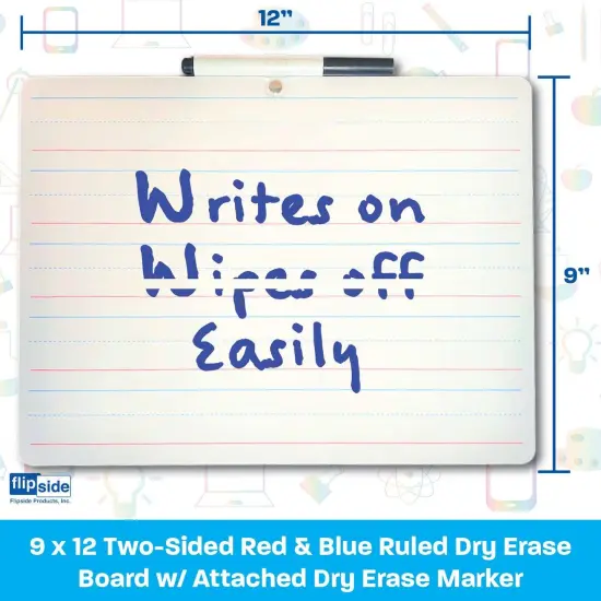 Two-Sided Primary Ruled/Blank Dry Erase Board with Attached Marker, 9" x 12", Pack of 3 {6}