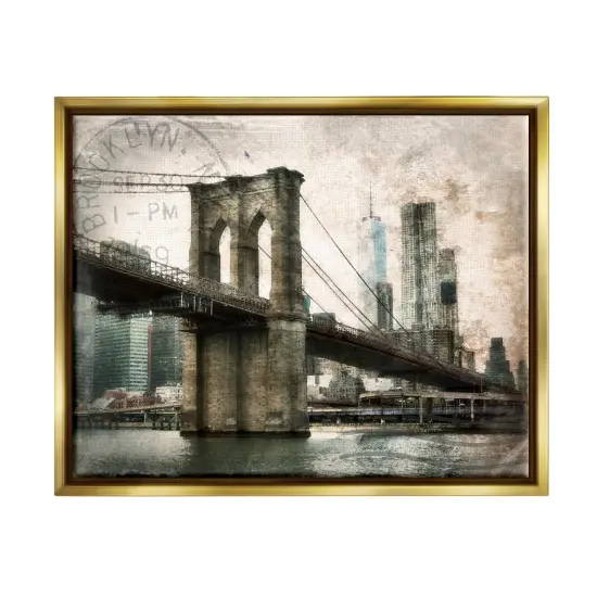 Stupell Industries Vintage Brooklyn Bridge Framed Floater Canvas Wall Art Gold Floater Frame {1}