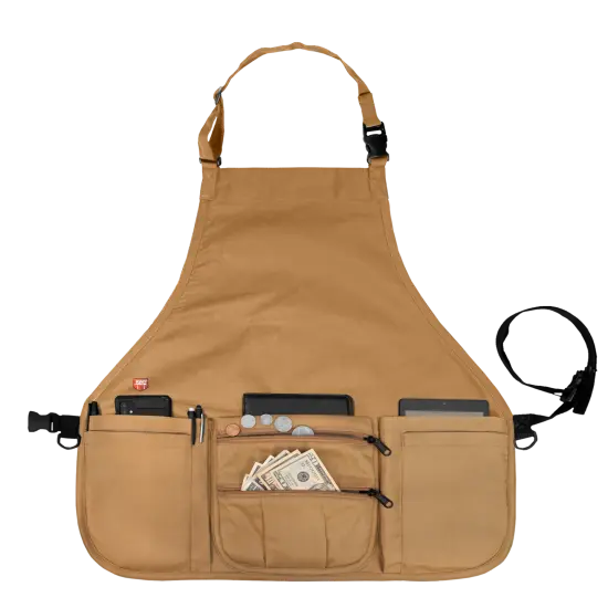 Smart Apron Bib Apron 7 Pockets with Zippers Adjustable Quick-Release Waistband 60 Inches Long, 16 Reinforced Stress Points for Crafters, Teachers, Artists, Scrap Bookers, Sewing, Concessions Tan {1}