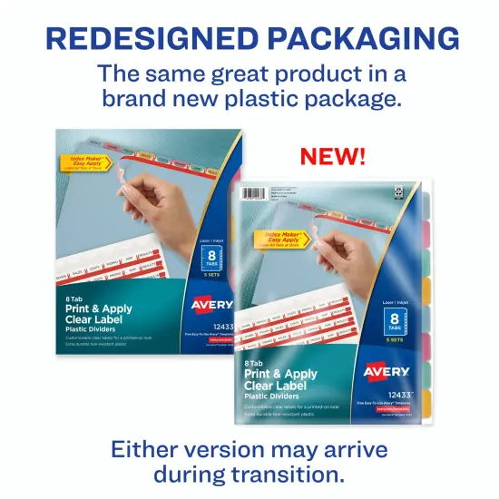 Avery 8 Tab Plastic Dividers for 3 Ring Binder, Easy Print & Apply Clear Label Strip, Index Maker Customizable Multicolor Tabs, 5 Sets (11433) {2}