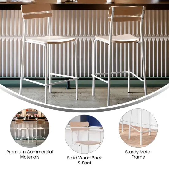 Emma and Oliver Blanchard Bar Stool with Metal Frame and Solid Wood Seat and Back with Antique Finish Antique White {4}