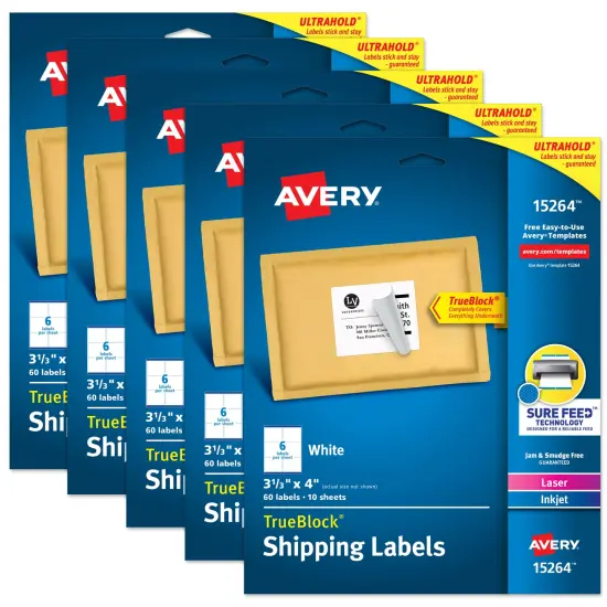 Avery TrueBlock Shipping Labels, Sure Feed Technology, Permanent Adhesive, 3-1/3" x 4", 60 Labels (15264) - 5 Pack {1}