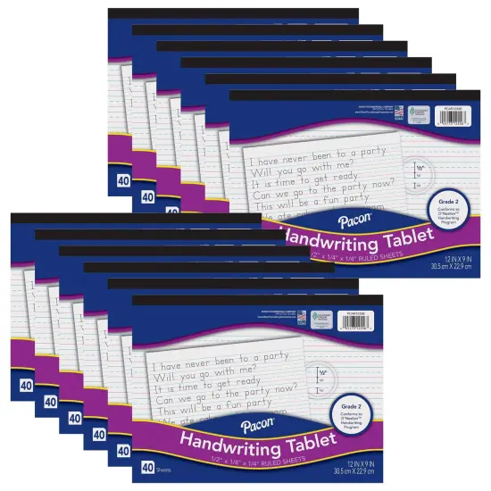Handwriting Tablet, White, 1/2 in x 1/4 in x 1/4 in Ruled Long, 12" x 9", 40 Sheets, Pack of 12 {1}