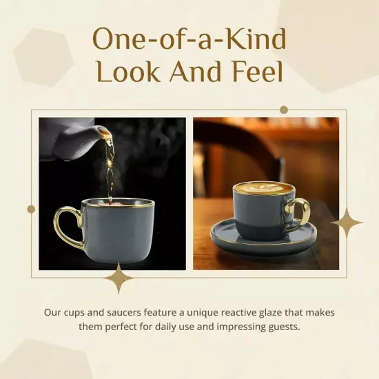 American Atelier Gold Rimmed Teacup and Saucer, Set of 4 | 7.6 Oz - Navy {3}