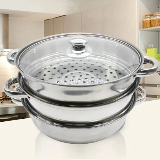3 Tier Steamer Hot Pot Stainless Steel Cooker Steam Pot Food Cooking + Glass Lid {3}