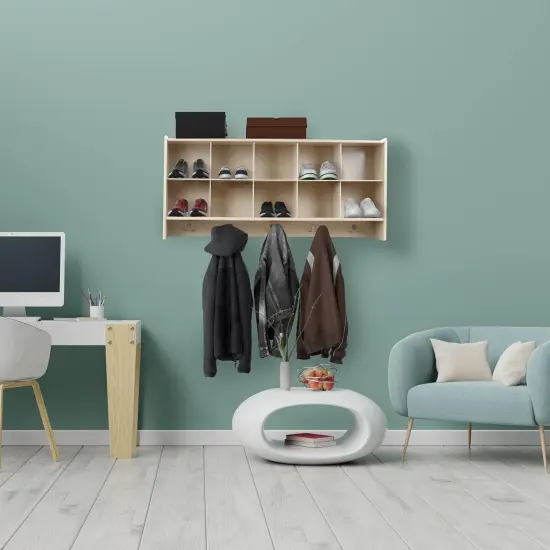 Cubby Storage Organizer Cubes, 10 Cubbies with Coat Hooks, Hanging Wall Cubby Shelf for Kids Toys, Daycare, Classroom, 47-Inch Width Lime Green {6}