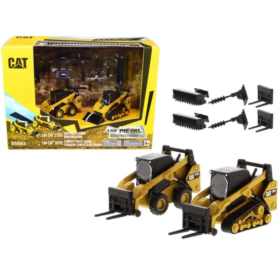 Set Of 2 Pieces Cat Caterpillar 272D2 Skid Steer Loader And Cat Caterpillar 297D2 Compact Track Loader With Accessories 1/64 Diecast Models By Diecast Masters {1}
