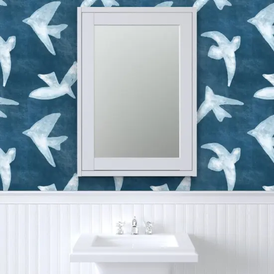 Pre-Pasted Wallpaper 2FT Wide Blue Birds Indigo Shibori Style Seagull Coastal Ocean Bird Custom Pre-pasted Wallpaper by Spoonflower {6}