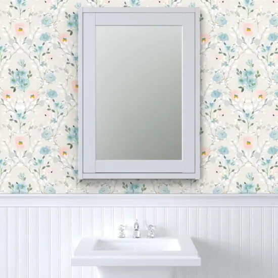 Pre-Pasted Wallpaper 2FT Wide Romantic Floral Blue Gray Pink Watercolor Flowers Custom Pre-pasted Wallpaper by Spoonflower {6}