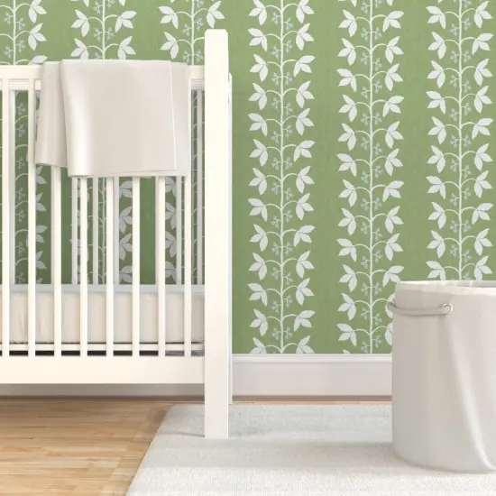 Pre-Pasted Wallpaper 2FT Wide Botanical Stripe Grass Green Simple Traditional Leaves Custom Pre-pasted Wallpaper by Spoonflower {7}