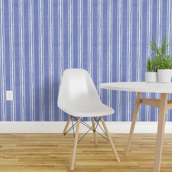 Peel & Stick Wallpaper 2FT Wide Blue Summer Contemporary And White Vertical Stripes Thin Modern Beach Costal Boho Chic Custom Removable Wallpaper by Spoonflower {1}