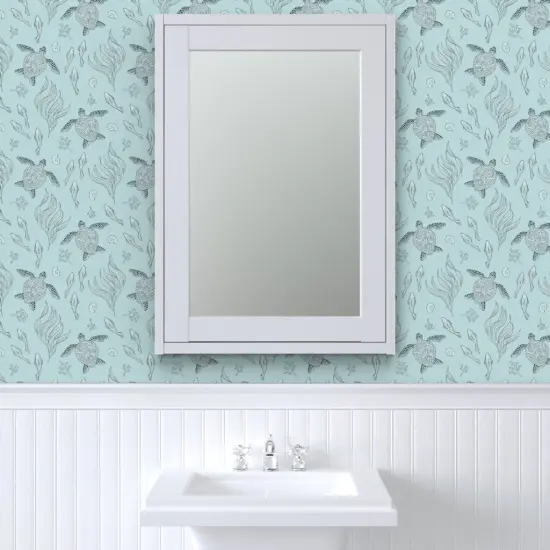 Pre-Pasted Wallpaper 2FT Wide Blue Aqua Hand Drawn Ocean Sea Turtles Seaside Beach Coastal Fish Large Scale House Chic Custom Pre-pasted Wallpaper by Spoonflower {6}