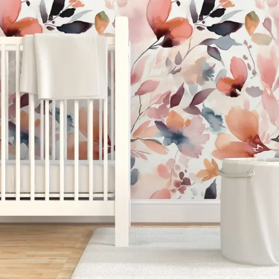 Pre-Pasted Wallpaper 2FT Wide Pastel Flowers Watercolor Botanical Scattered Leaves Custom Pre-pasted Wallpaper by Spoonflower {7}