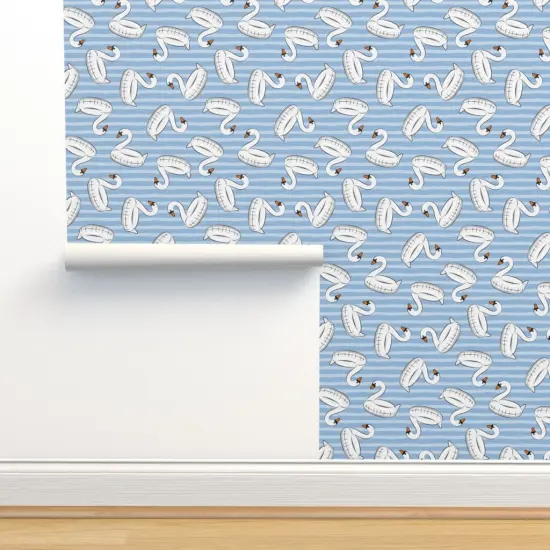 Pre-Pasted Wallpaper 2FT Wide Whimsical Summer Beach Stripes Swan Pool Fun Small Scale Coastal Ocean Blue Custom Pre-pasted Wallpaper by Spoonflower {2}