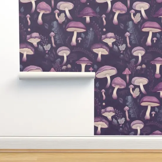 Peel & Stick Wallpaper 2FT Wide Enchanted Purple Mushrooms Woodland Violet Shrooms Botanical Fairies Monochrome Custom Removable Wallpaper by Spoonflower {2}