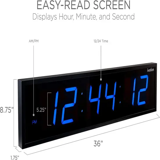 Ivation 36 in. Large Digital Wall Clock, LED Digital Clock with Timer and Alarm White {9}