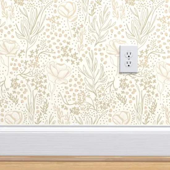Peel & Stick Wallpaper 2FT Wide Neutral Flowers Ditsy Beige Floral Hand Drawn Line Art Custom Removable Wallpaper by Spoonflower {4}