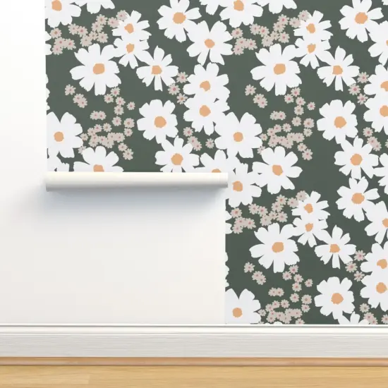 Pre-Pasted Wallpaper 2FT Wide Summer Daisies Boho Daisy Flowers Green Modern Blossom Custom Pre-pasted Wallpaper by Spoonflower {2}