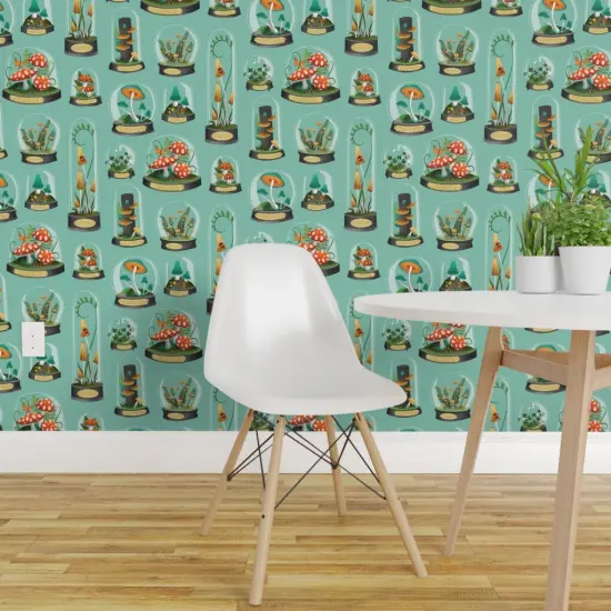 Peel & Stick Wallpaper 2FT Wide Whimsical Nature Small Scale Toadstool Forest Forage Plants Greenhouse Blue Green Custom Removable Wallpaper by Spoonflower {1}