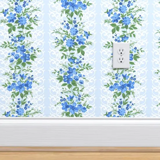Peel & Stick Wallpaper 2FT Wide Farmhouse Floral Shabby Chic Blue Cottage Core Romantic Vertical Stripe Small Scale Custom Removable Wallpaper by Spoonflower {4}