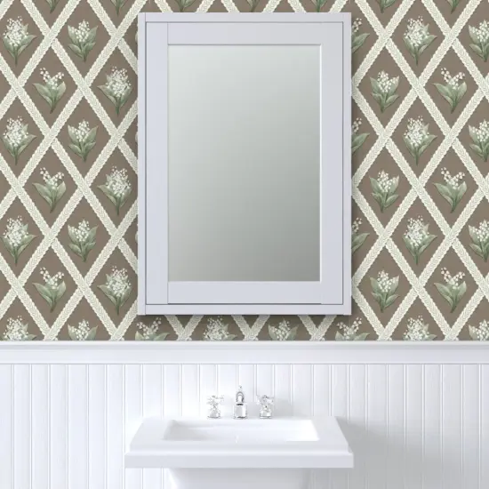 Pre-Pasted Wallpaper 2FT Wide Traditional Floral Lattice Earth Tones Cottagecore Cream Brown Green Custom Pre-pasted Wallpaper by Spoonflower {6}